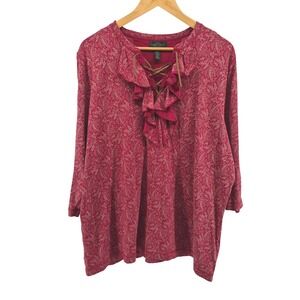 LAUREN JEANS CO RALPH LAUREN Womens Red Paisley Lace Up Ruffle Tunic Top Sz 2X